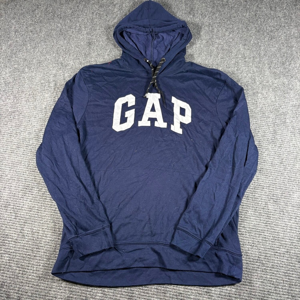 GAP Hoodie Mens L Navy Blue Good Arch Logo Pullover Kangaroo Pocket Sweatshirt